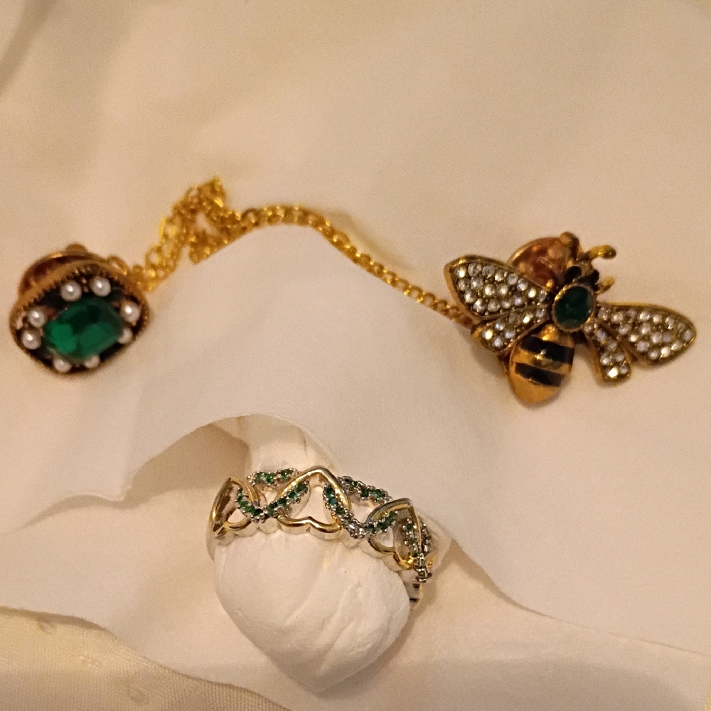 Gold and Green Bee Pin And Size 8 Ring Hearts
